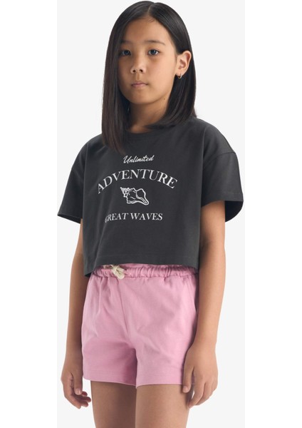 Kız Çocuk Crop Bisiklet Yaka Baskılı Kısa Kollu Tişört E0385A825SM