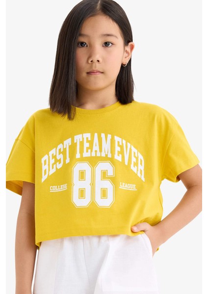 Kız Çocuk Bisiklet Yaka Baskılı Kısa Kollu Tişört E0352A825SM