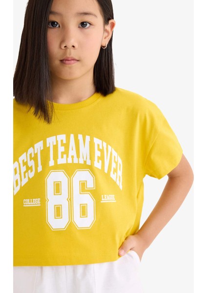 Kız Çocuk Bisiklet Yaka Baskılı Kısa Kollu Tişört E0352A825SM