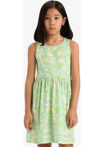 Kız Çocuk Bisiklet Yaka Desenli Kolsuz Yazlık Elbise B4338A825SM