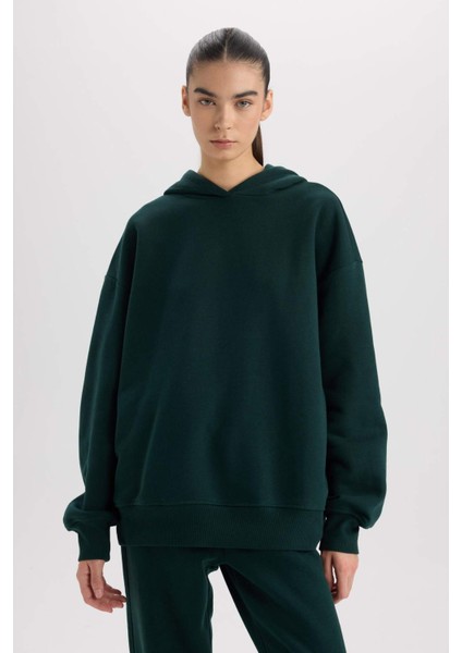 Relax Fit Kapüşonlu Kalın Basic Düz Sweatshirt D9935AX24WN