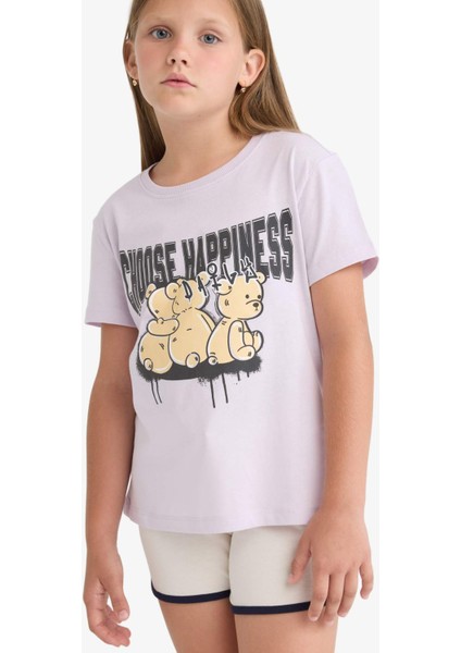 Kız Çocuk Bisiklet Yaka Baskılı Kısa Kollu Tişört E0349A825SM