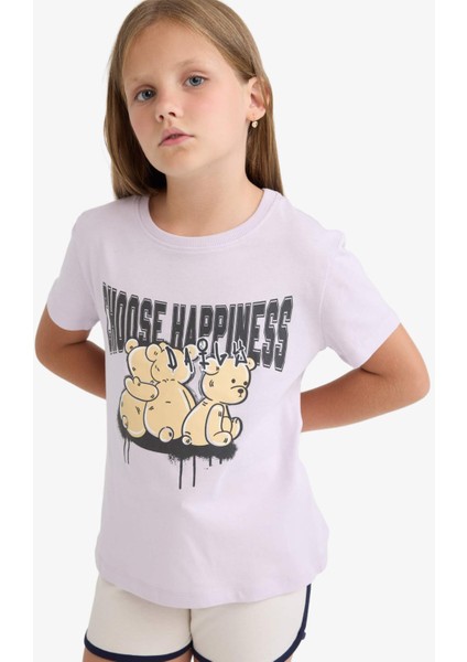 Kız Çocuk Bisiklet Yaka Baskılı Kısa Kollu Tişört E0349A825SM