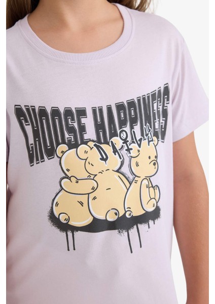 Kız Çocuk Bisiklet Yaka Baskılı Kısa Kollu Tişört E0349A825SM