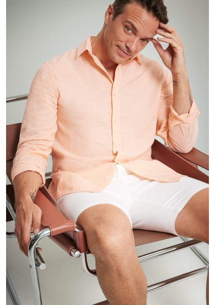 Regular Fit Polo Yaka Keten Karışımlı Yazlık Uzun Kollu Gömlek E0555AX25SM