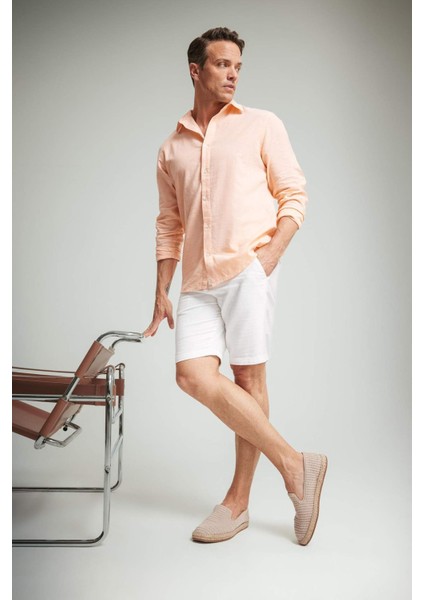 Regular Fit Polo Yaka Keten Karışımlı Yazlık Uzun Kollu Gömlek E0555AX25SM