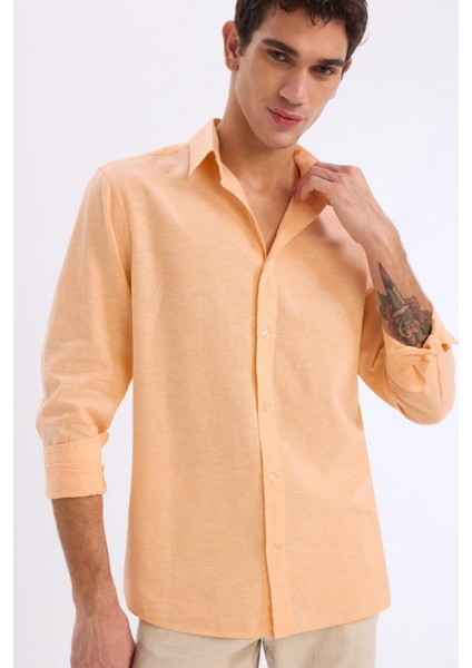 Regular Fit Polo Yaka Keten Karışımlı Yazlık Uzun Kollu Gömlek E0555AX25SM