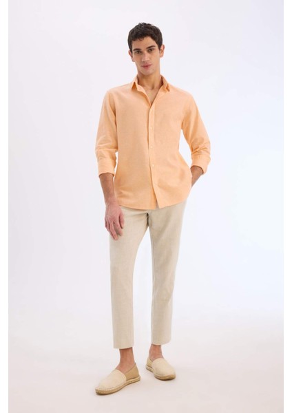 Regular Fit Polo Yaka Keten Karışımlı Yazlık Uzun Kollu Gömlek E0555AX25SM