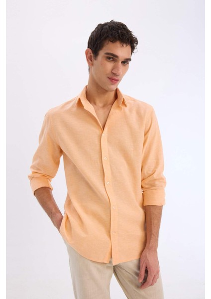 Regular Fit Polo Yaka Keten Karışımlı Yazlık Uzun Kollu Gömlek E0555AX25SM