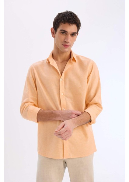 Regular Fit Polo Yaka Keten Karışımlı Yazlık Uzun Kollu Gömlek E0555AX25SM