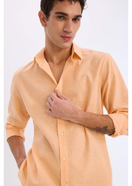 Regular Fit Polo Yaka Keten Karışımlı Yazlık Uzun Kollu Gömlek E0555AX25SM