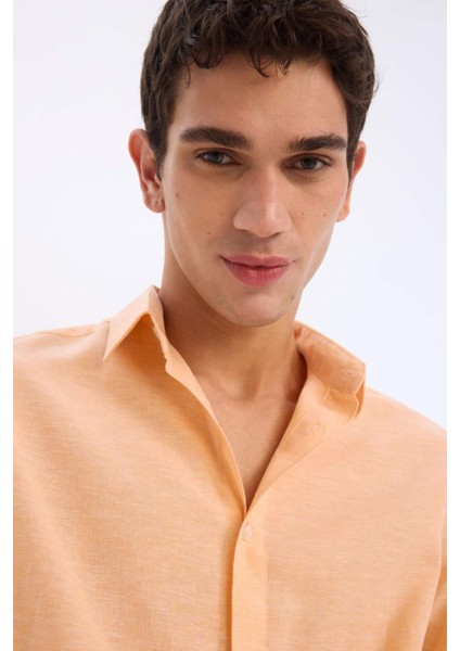 Regular Fit Polo Yaka Keten Karışımlı Yazlık Uzun Kollu Gömlek E0555AX25SM