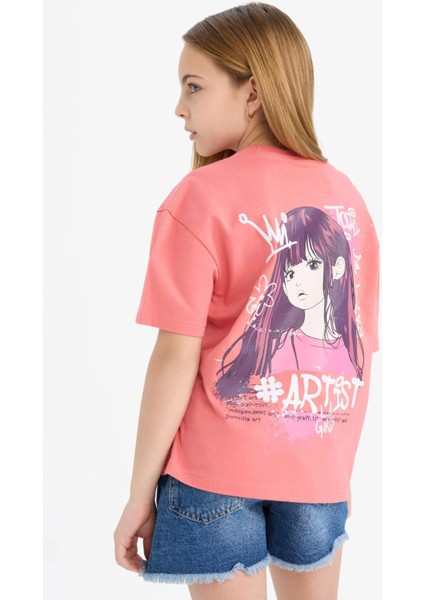 Kız Çocuk Relax Fit Bisiklet Yaka Sırt Baskılı Kısa Kollu Tişört E0387A825SM