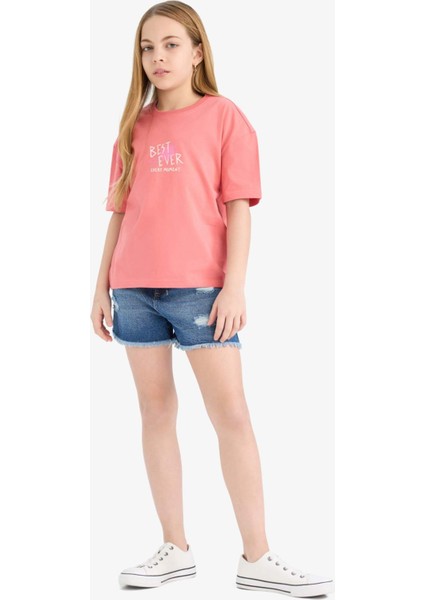 Kız Çocuk Relax Fit Bisiklet Yaka Sırt Baskılı Kısa Kollu Tişört E0387A825SM