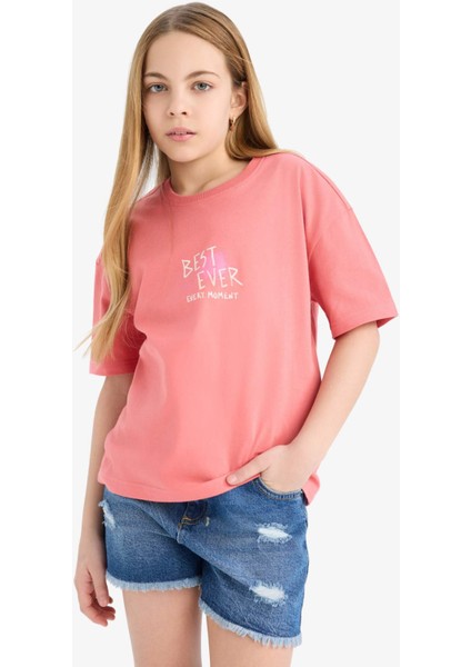 Kız Çocuk Relax Fit Bisiklet Yaka Sırt Baskılı Kısa Kollu Tişört E0387A825SM