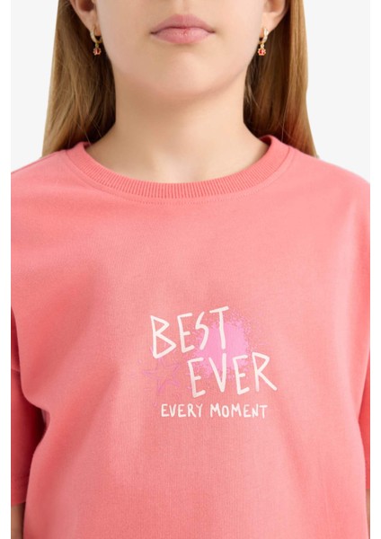 Kız Çocuk Relax Fit Bisiklet Yaka Sırt Baskılı Kısa Kollu Tişört E0387A825SM