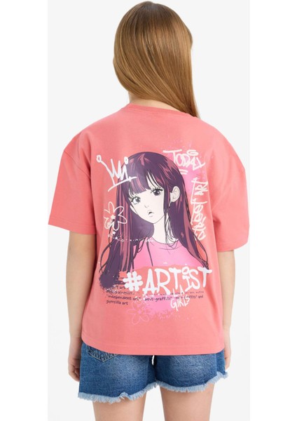 Kız Çocuk Relax Fit Bisiklet Yaka Sırt Baskılı Kısa Kollu Tişört E0387A825SM