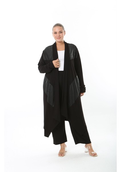 Kadın Büyük Beden Asimetrik Kesim Detaylı Esnek Viskon Uzun Hırka Siyah 25000