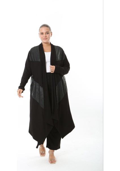 Kadın Büyük Beden Asimetrik Kesim Detaylı Esnek Viskon Uzun Hırka Siyah 25000