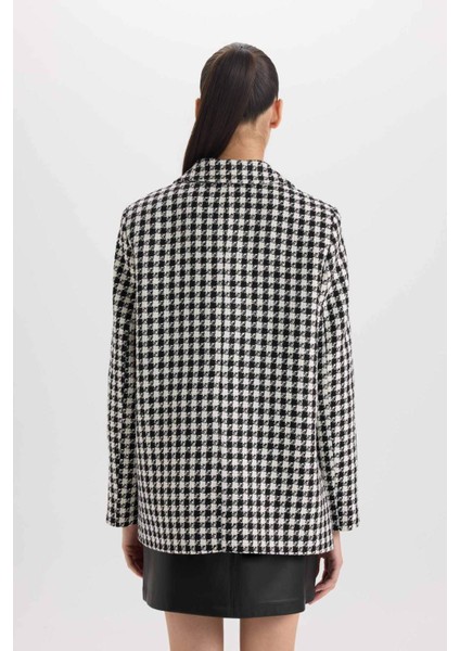 Oversize Geniş Kalıp Ceket Yaka Düğmeli Tweed Desenli Blazer Ceket V2814AZ24AU