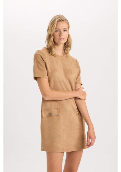 Yuvarlak Yaka Skuba Dalgıç Kumaş Kısa Kollu Mini Elbise D8644AX24AU