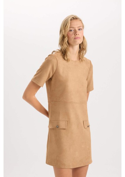 Yuvarlak Yaka Skuba Dalgıç Kumaş Kısa Kollu Mini Elbise D8644AX24AU