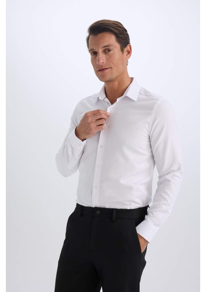 Slim Fit Dar Kesim Polo Yaka Kolay Ütülenen Oxford Basic Düz Uzun Kollu Gömlek R4340AZ25SP