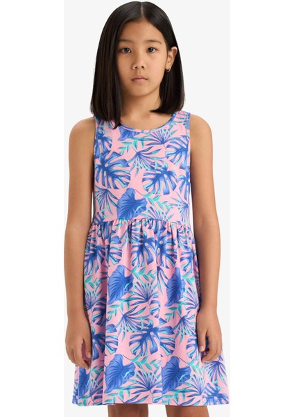 Kız Çocuk Bisiklet Yaka Desenli Kolsuz Yazlık Elbise B4338A825SM