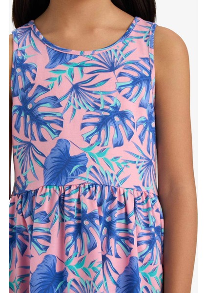 Kız Çocuk Bisiklet Yaka Desenli Kolsuz Yazlık Elbise B4338A825SM