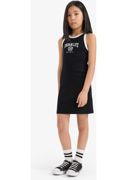 Kız Çocuk Baskılı Fitilli Kaşkorse Kolsuz Yazlık Elbise B4491A825SM