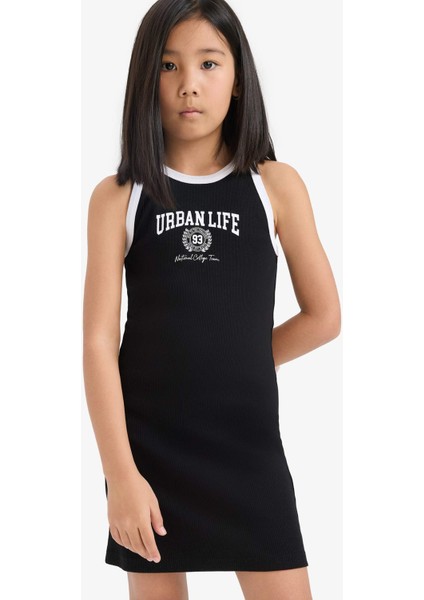 Kız Çocuk Baskılı Fitilli Kaşkorse Kolsuz Yazlık Elbise B4491A825SM