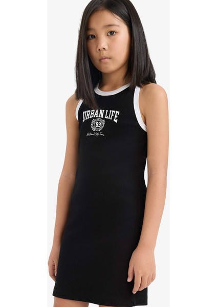 Kız Çocuk Baskılı Fitilli Kaşkorse Kolsuz Yazlık Elbise B4491A825SM