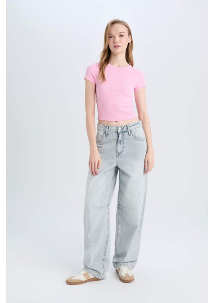 Coool Fitted Bisiklet Yaka Basic Düz Fitilli Kaşkorse Kısa Kollu Tişört E0287AX25SM