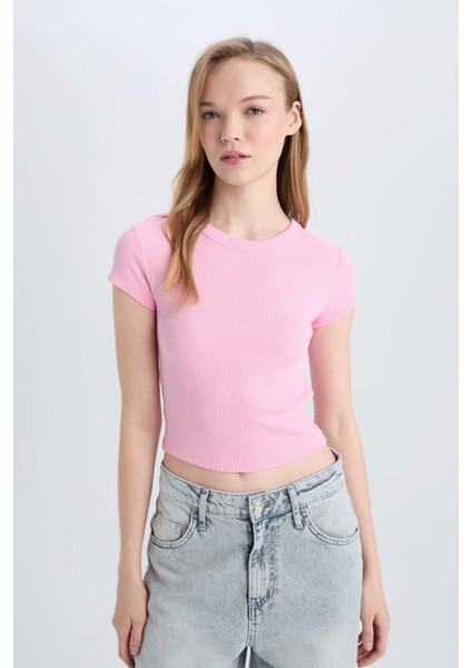 Coool Fitted Bisiklet Yaka Basic Düz Fitilli Kaşkorse Kısa Kollu Tişört E0287AX25SM