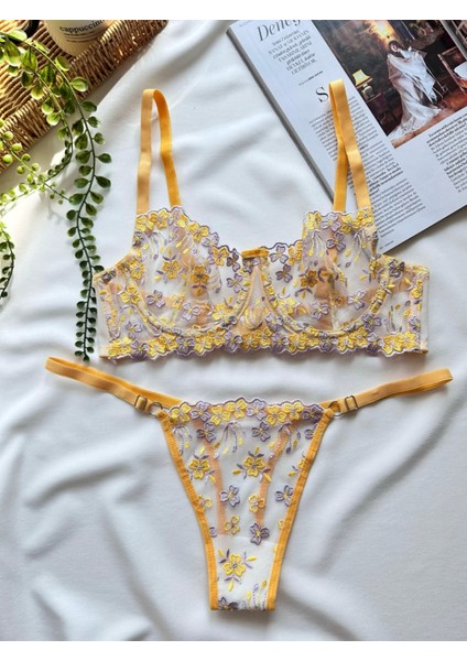 Çiçek Nakışlı Şeffaf Dantel Sütyen Takımı Desteksiz Balenli 75-90B modelleri