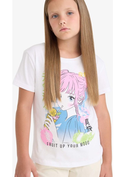 Kız Çocuk Bisiklet Yaka Anime Baskılı Kısa Kollu Tişört E0350A825SM