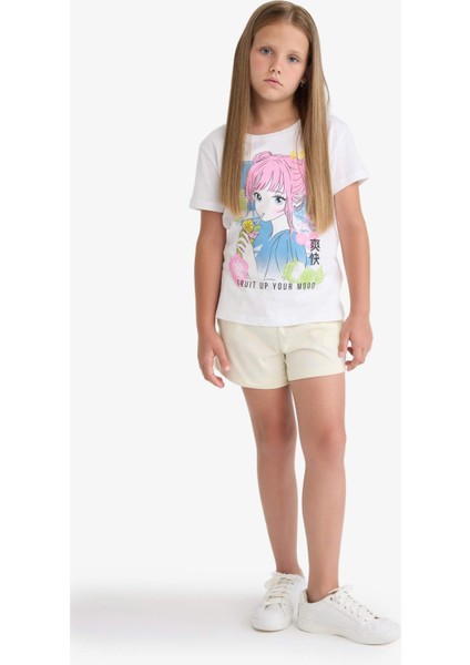 Kız Çocuk Bisiklet Yaka Anime Baskılı Kısa Kollu Tişört E0350A825SM