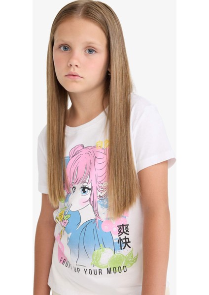 Kız Çocuk Bisiklet Yaka Anime Baskılı Kısa Kollu Tişört E0350A825SM