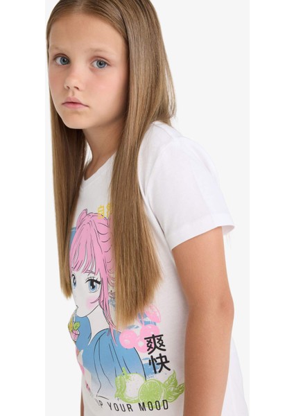 Kız Çocuk Bisiklet Yaka Anime Baskılı Kısa Kollu Tişört E0350A825SM