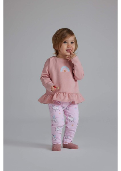 Kız Bebek 2'li Takım Sweatshirt Unicorn Baskılı Beli Lastikli Alt