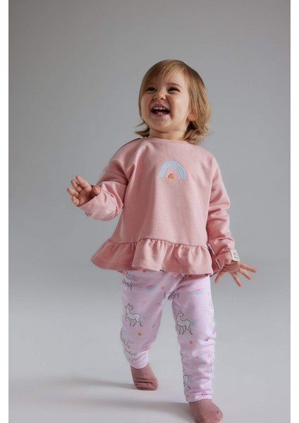 Kız Bebek 2'li Takım Sweatshirt Unicorn Baskılı Beli Lastikli Alt