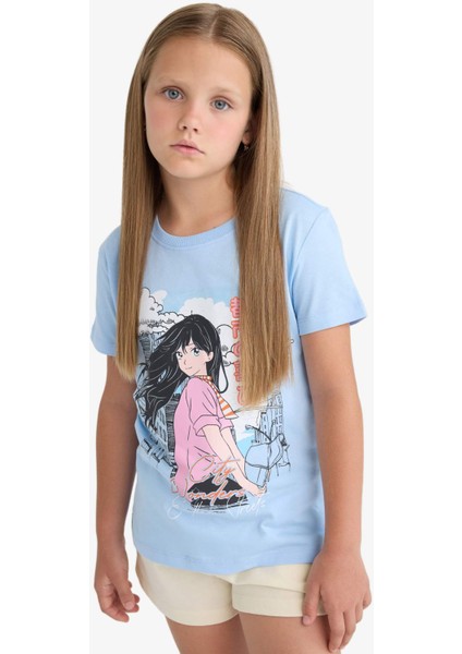 Kız Çocuk Bisiklet Yaka Anime Baskılı Kısa Kollu Tişört E0351A825SM
