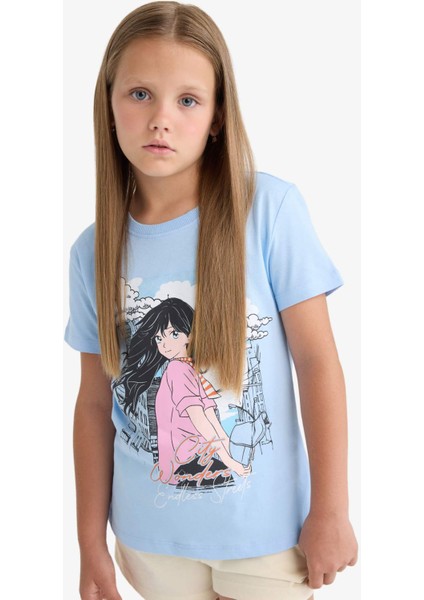 Kız Çocuk Bisiklet Yaka Anime Baskılı Kısa Kollu Tişört E0351A825SM