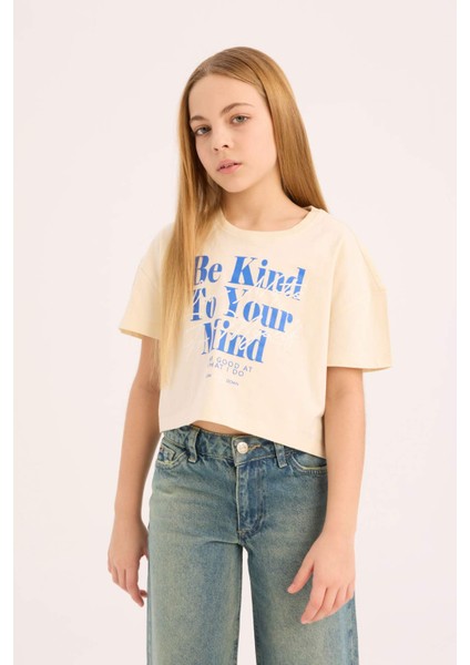 Kız Çocuk Bisiklet Yaka Baskılı Kısa Kollu Tişört E0352A825SM