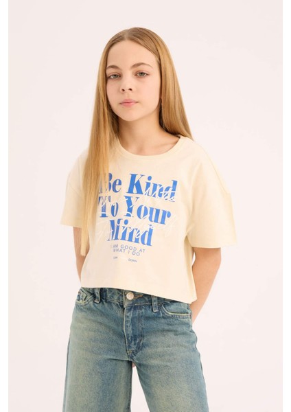 Kız Çocuk Bisiklet Yaka Baskılı Kısa Kollu Tişört E0352A825SM