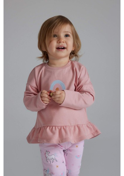 Kız Bebek 2'li Takım Sweatshirt Unicorn Baskılı Beli Lastikli Alt