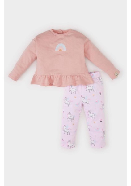 Kız Bebek 2'li Takım Sweatshirt Unicorn Baskılı Beli Lastikli Alt