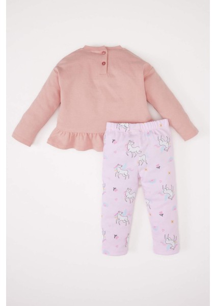 Kız Bebek 2'li Takım Sweatshirt Unicorn Baskılı Beli Lastikli Alt