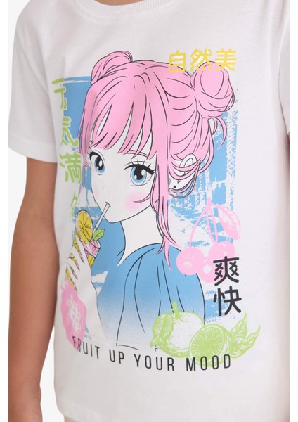 Kız Çocuk Bisiklet Yaka Anime Baskılı Kısa Kollu Tişört E0350A825SM