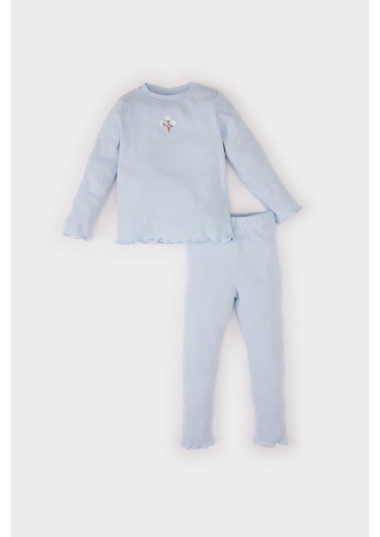 Kız Bebek 2'li Takım Çiçekli Fitilli Kaşkorse Uzun Kollu Tişört Beli Lastikli Alt Y1122A225SP